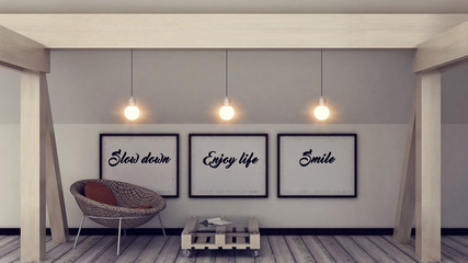 Wall Mural - Inspiration motivation quote slow down, enjoy life, smile. Mindfulness , Life, Happiness concept. Posters in frame Scandinavian style home interior decoration. 3D render