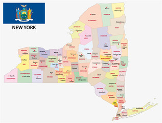 Wall Mural - administrative and political map of the US state New York with flag
