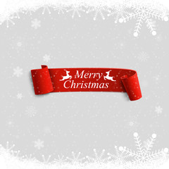 Sticker - happy new year and merry christmas. red realistic ribbon on snowy background.