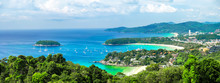 Tropical Beach Landscape Panorama. Beautiful Turquoise Ocean Waives With Boats And Sandy Coastline From High View Point. Kata And Karon Beaches, Phuket, Thailand