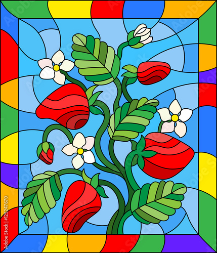 Fototapeta na wymiar Illustration in stained glass style with flowers, berries and leaves of strawberry in a bright frame