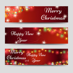 Wall Mural - christmas and new year banners template with garlands on red backdrop. vector illustration