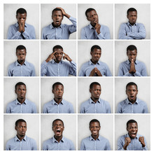 Set Of African Man Dressed In Blue Shirt Showing Different Emotions: Sadness, Surprise, Anger. Collage Of Emotional Male Demonstrating Various Feelings And Making Diverse Gestures On White Background