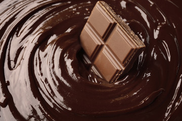 Poster - Delicious melted chocolate with piece, closeup