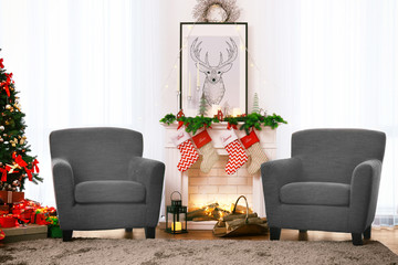 Poster - Interior of beautiful living room decorated for Christmas