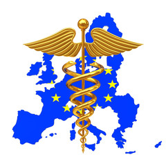 Poster - Gold Medical Caduceus Symbol with European Union EU Flag. 3d Ren