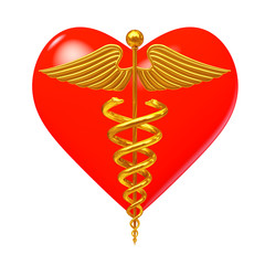 Poster - Gold Medical Caduceus Symbol in front of Red Heart. 3d Rendering