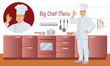 Vector Menu Set. Chef smiling middle-aged man shows gesture delicious, against the background of a restaurant kitchen utensils, crockery and furniture. Text – Big Chef Menu.
