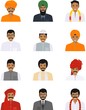 © yustus - Different indian people characters avatars icons set in flat style isolated on white background. Differences hindu ethnic man smiling faces in traditional clothing. Vector illustration.