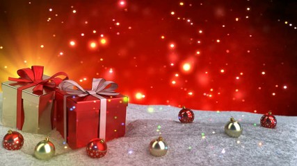 Wall Mural - Christmas gifts in snow on red bokeh background. Seamless loop. 3D render.
