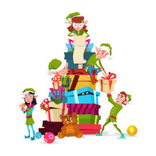Christmas Elf Group Cartoon Character Santa Helper With Present Box Stack Flat Vector Illustration