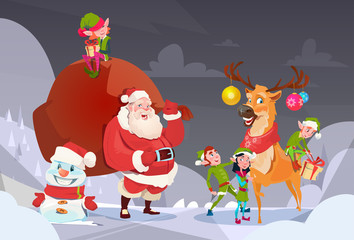 Wall Mural - Santa Claus With Reindeer Elfs Gift Sack Happy New Year Merry Christmas Banner Flat Vector Illustration