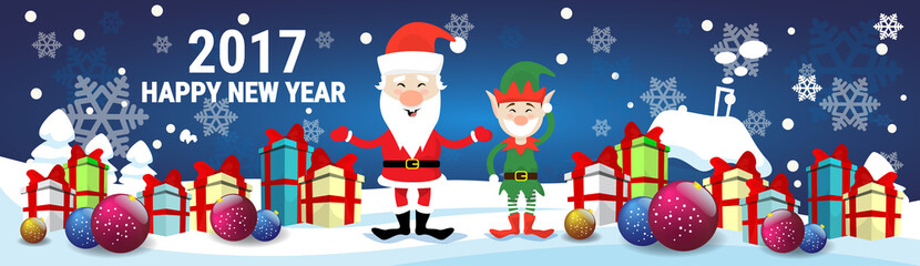 Wall Mural - Smiling Santa Claus And Christmas Elf With Holiday Present Boxes Happy New Year Flat Vector Illustration