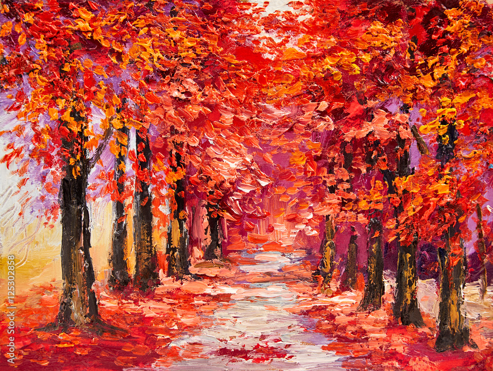 Oil painting, colorful autumn trees, impressionism art - obrazy, fototapety, plakaty 
