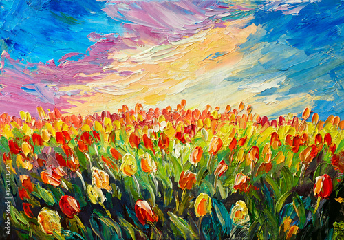 Plakaty oil painting, tulips on a background of beautiful sunrise, impressionism art