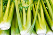 Celery bunches displayed at a farmers market. Close up detail 