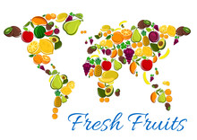 Fresh Fruits Icons In World Map Shape