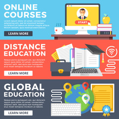Wall Mural - online courses, distance education, global education flat illustration concepts set. flat design gra