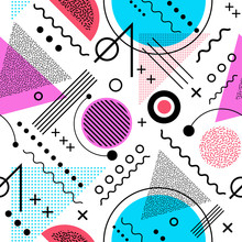 Seamless 1980s Inspired Graphic Pattern Of Lines And Geometric Shapes. Memphis Style