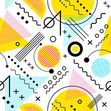 Seamless 1980s Inspired Graphic Pattern Of Lines And Geometric Shapes. Memphis Style