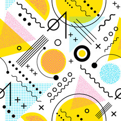 Seamless 1980s inspired graphic pattern of lines and geometric shapes. memphis style