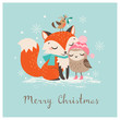 Cute Christmas greeting card with fox and owl.