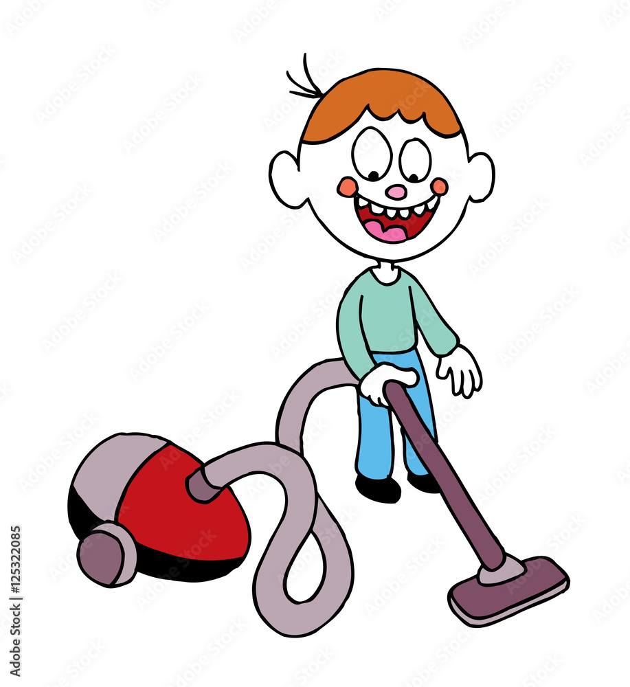 little boy with a vacuum cleaner vacuuming cartoon vector illustration  Stock Vector | Adobe Stock, image size:917x1000
