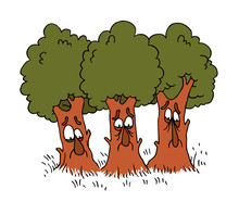 Sad Trees Cartoon Characters - Deforestation Awareness, Ecology, Forest, Environment, Woods Preservation, Sustainability Concept Illustration
