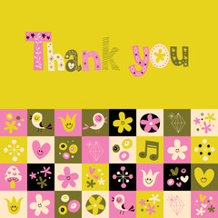Wall Mural - thank you card with cute hearts birds flowers mushrooms nature design elements
