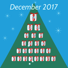 December Calendar For Advent And Christmas. Gifts, With Red Ribbon, Numbered Days 1 To 24, Arranged In Pyramid. On Blue Background Green Tree Silhouette And White Stars. Inscription December 2017.