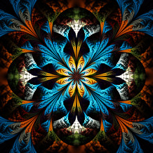 Abstract Colorful Floral Ornament On Black Background. Symmetrical Pattern In Blue, Dark Orange, White And Green Colors. Fantasy Fractal Design For Postcards, Wallpapers Or T-shirts.