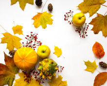Stylish Composition Of Vegetables, Fruits, Autumn Leaves, Berries. Top View On White Background. Autumn Flat Lay