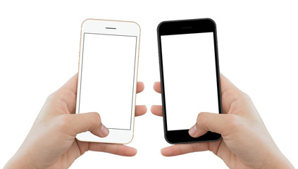 Poster - closeup hand hold phone isolated on white background, mock-up ph