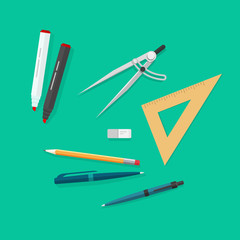 Wall Mural - Education items, school study icons set, objects isolated, pen, pencils, eraser, triangle rulers, marker, biro pen, compass divider, flat style top view vector illustration