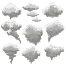 Cartoon Smoke Vector Illustration. Smoking Gray Fog Clouds On White Background