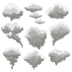 Wall Mural - Cartoon smoke vector illustration. Smoking gray fog clouds on white background