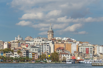 View of Galata district with Galata Tower over the Golden Horn in Istanbul, Turkey
