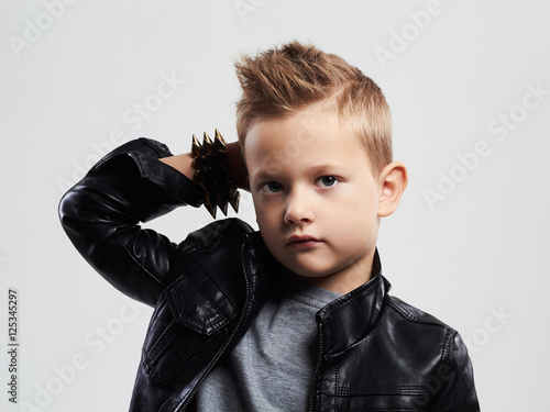 Fashionable Child In Leather Coat Stylish Little Boy With Trendy