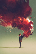 Gas Mask Man Standing With Fire Flame And Smoke On His Back,illustration Painting