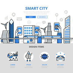 Wall Mural - Linear flat Smart city app infographic vector Mobile application