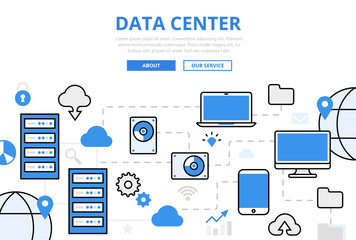 Wall Mural - linear flat data center infographics vector server, storage