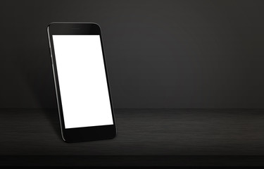 Aufkleber - Black smartphone with isolated screen for mockup on black table. Side, isometric position with free space for text. Black background.