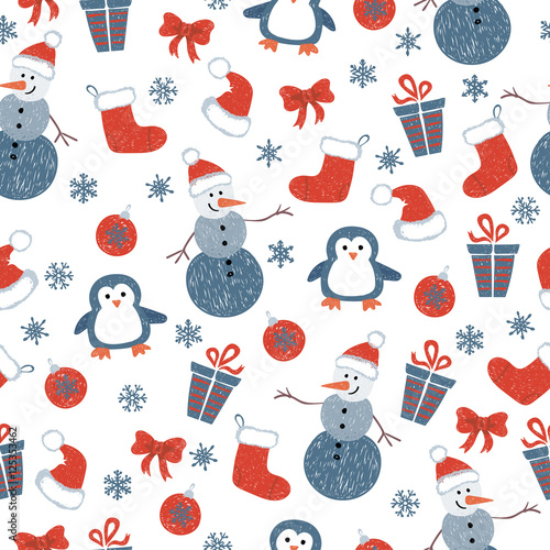 Materiał do szycia Weihnachten-Musterdesign mit Doodle dekorative Elemente und niedliche Charaktere. Vektor-Urlaub-Hintergrund.