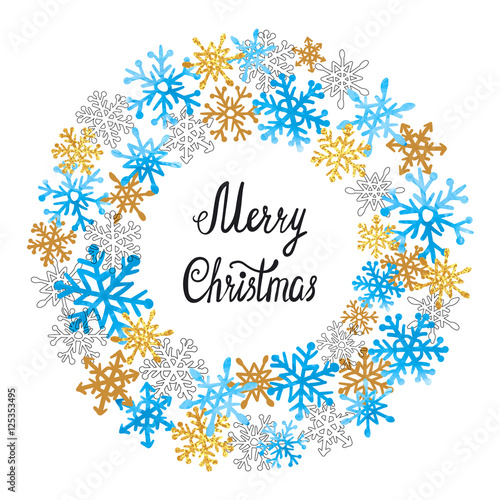 Christmas watercolor blue and golden snowflakes round frame for your design. ...