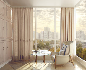 Bedroom seating area in sunlight with views of the city. 3d illu