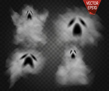 Ghosts Isolated On Transparent Background. Phantoms Set. Vector Illustration.
