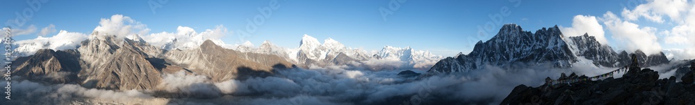 panorama of Mount Everest, Lhotse, Makalu and Cho Oyu - obrazy, fototapety, plakaty 
