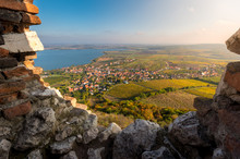 View from Castle Devicky to Pavlov, village under hill Devin and Nove Mlyny reservoirs (dam), Palava, Mikulov region, South Moravia, Czech Republic