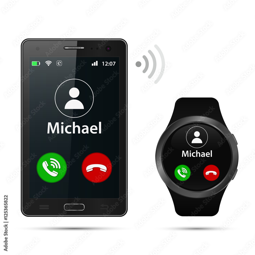 Realistic Smartphone and smartwatch with incoming call on display ...