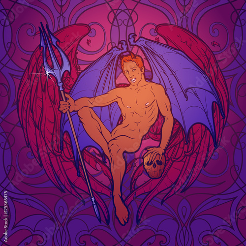 Tapeta ścienna na wymiar Young sexy demon with bat wings sitting and holding trident and human skull. Pinup and art Nouveau eclectic style. Intricate hand drawing, rich detailed beckground. Gay hint. EPS10 vector illustration